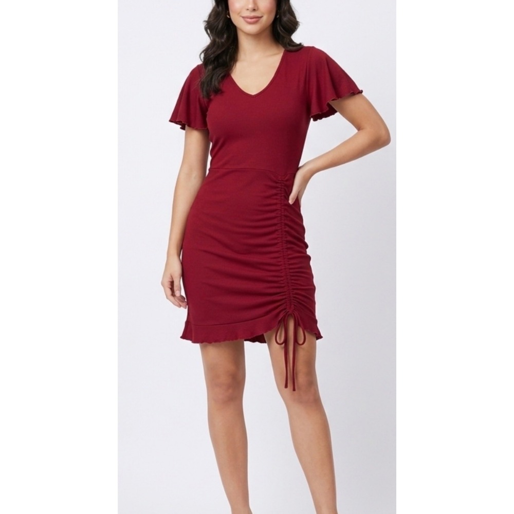 NWOT Burgundy Ribbed V-Neck Mini Dress Flutter Sleeve Ruched Hem Bodycon Size XL